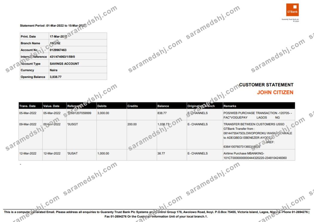 Nigeria Guaranty Trust Bank (GTBank) savings account statement Word and PDF template